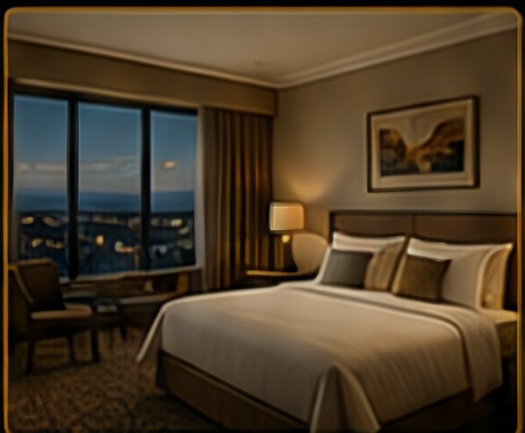 Luxury hotel room with a city view